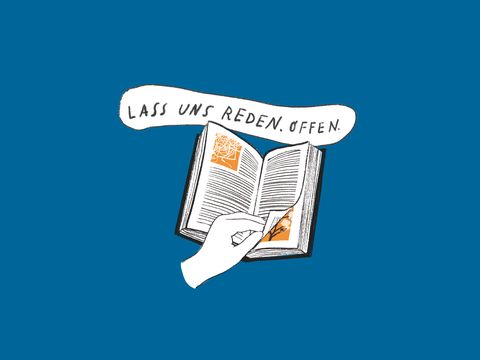 Hand holding an open book with speech bubble reading 'LASS UNS REDEN. OFFEN.'
