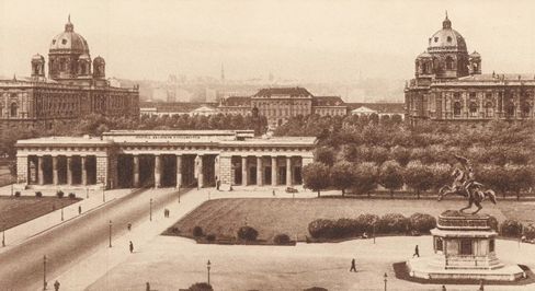 Black-and-white historical view of Heldenplatz in Vienna with the Maria Theresa Monument in the foreground and the domes of the museums and the Vienna Museum Quarter in the background