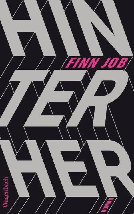 Large gray three-dimensional letters on a black background with pink text "FINN JOB" and "Wagenbach".