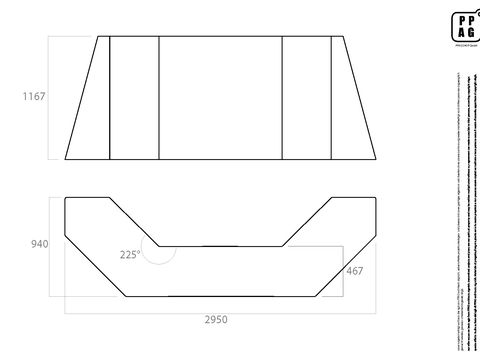 Schwarz-weiße Linienzeichnung mit zwei Ansichten eines trapezförmigen Objekts mit den Maßen 1167, 940, 2950 und 467 Millimeter sowie einem Winkel von 225 Grad