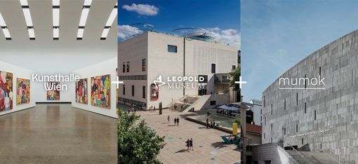 Breite Bildcollage des MuseumsQuartier Wien mit fünf nebeneinanderstehenden Ansichten: Eingang des Az W, Ausstellungsraum der Kunsthalle Wien, Außenansicht des Leopold Museum, Fassade des mumok sowie der steinerne Stiegenbereich des MQ Freiraum, jeweils mit eingeblendeten Logos.