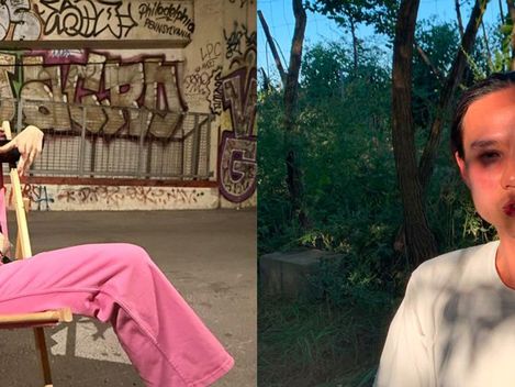 Zwei nebeneinander angeordnete Fotos zeigen links eine Frau mit hochgezogenen pinkfarbenen Hosen und schwarzem Oberteil, die auf einem Stuhl sitzt, und rechts eine Person mit weißem T-Shirt, die im Freien vor Bäumen steht.