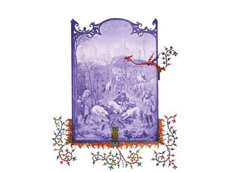 Winterliche Stillleben-Szene mit mehreren Personen und Tieren in einem dekorativen, rahmenartigen Bild mit floralen Ornamenten.