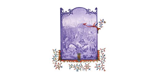 Winter still life scene with multiple people and animals inside a decorative frame with floral ornaments.