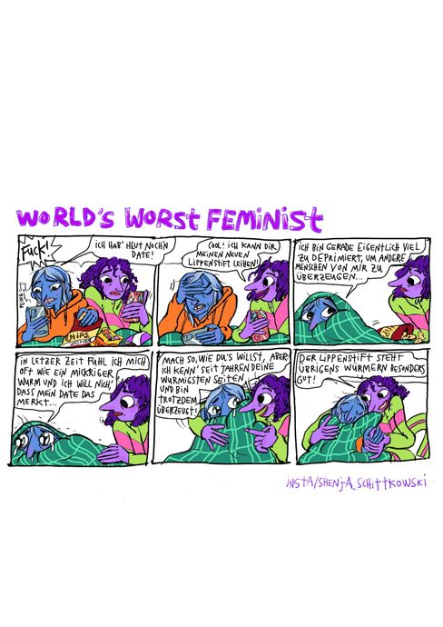 Colorful comic strip featuring two anthropomorphic characters, one with blue hair and an orange hoodie, the other purple with green clothing, engaged in an emotional conversation across six speech bubbles in German.