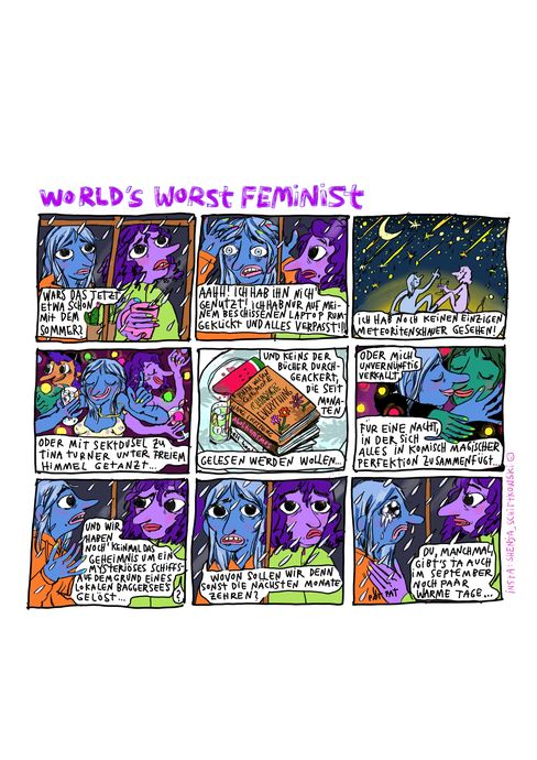 Colorful comic strip featuring two anthropomorphic characters, one with blue hair and an orange hoodie, the other purple with green clothing, engaged in an emotional conversation across six speech bubbles in German.