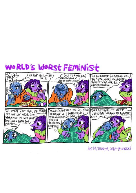 Colorful comic strip featuring two anthropomorphic characters, one with blue hair and an orange hoodie, the other purple with green clothing, engaged in an emotional conversation across six speech bubbles in German.