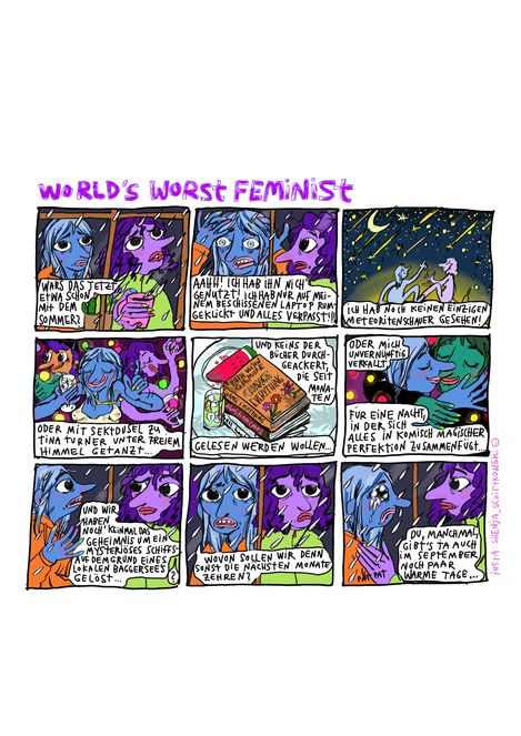 Colorful comic strip featuring two anthropomorphic characters, one with blue hair and an orange hoodie, the other purple with green clothing, engaged in an emotional conversation across six speech bubbles in German.