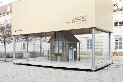 MQ Art Box in MuseumsQuartier Vienna featuring the installation “Das letzte Haus / The Last Human Habitat” by Alfredo Barsuglia.