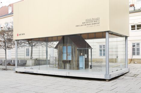 MQ Art Box in MuseumsQuartier Vienna featuring the installation “Das letzte Haus / The Last Human Habitat” by Alfredo Barsuglia.