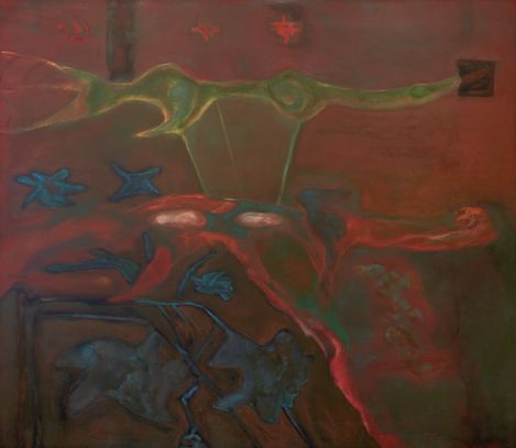 Abstract painting with organic shapes in green, red, and blue on a dark background.