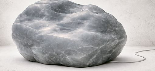 Großer, unregelmäßig geformter Stein mit glatter Oberfläche auf hellem Untergrund.