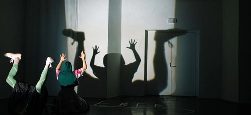 Two people are sitting on the floor, casting shadows onto a wall. Their shadows form the shape of a frog lying on its back.