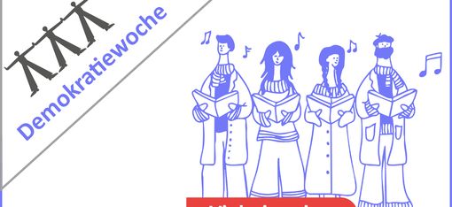 Four stylized people singing with musical notes around them holding sheet music, diagonal text 'Demokratie woche' above, and a red banner below reading 'Vielstimmige Demokratie Ganz Österreich wird zur Bühne'