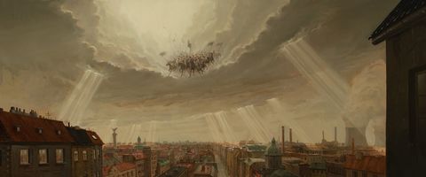 Stadtpanorama unter bewölktem Himmel mit Lichtstrahlen und einer Gruppe von Menschen, die in der Luft schweben.