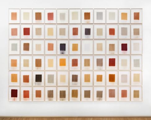 Wall installation of multiple framed color swatches in various brown and beige tones arranged in a grid.