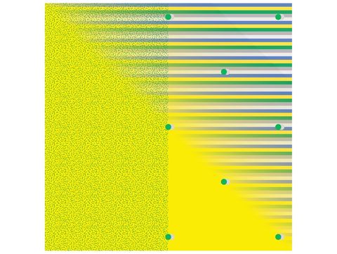 Square pattern with a left area speckled in yellow and green and a right area of horizontal yellow, green, blue, and gray lines with green dots