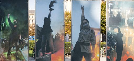 A row of vertical photo panels showing masked protesters raising fists amid smoke in a city plaza.