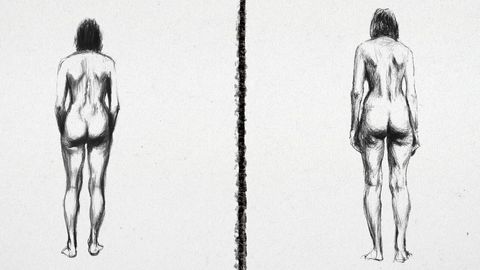 Two black-and-white drawings of naked female backs standing side by side separated by a vertical line