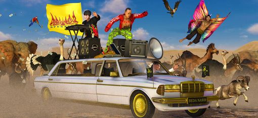 Limousine with gold rims and speakers on the roof driving through a dusty landscape surrounded by various animals and two people, one with colorful wings.