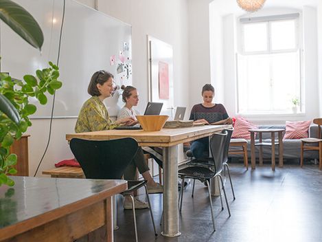 Drei Personen sitzen an einem Holztisch in einem hellen Raum mit großen Fenstern und Pflanzen auf dem Tisch und im Vordergrund