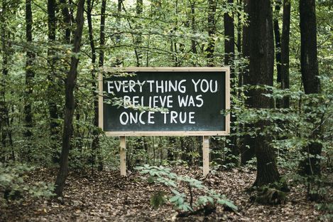 A sign with the text "EVERYTHING YOU BELIEVE WAS ONCE TRUE" stands in a forest among trees and foliage.