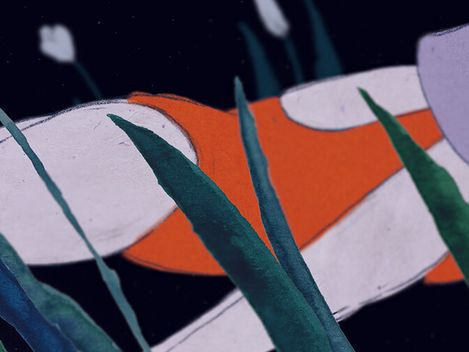 Illustration of a person wearing an orange top and purple hat swimming horizontally among green plants