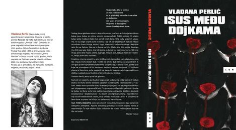 Book cover titled "Isus među dojakama" by Vladana Perlić with black background, red vertical lines, white text, back cover with text and author photo.