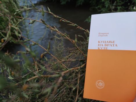 A book with an orange and white cover lies among branches in front of a river.