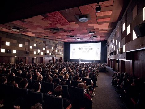 Cinema auditorium with rows of seats filled, stage, and large projection of the words ‘this human world’ on the screen.
