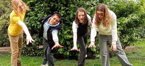 Four young people are standing in a meadow. Their gestures can be interpreted as reaching out for something invisible – a dream.