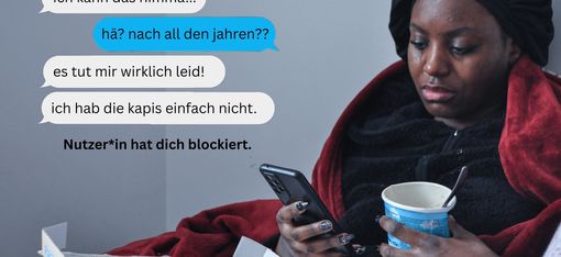 A person, wrapped in a blanket, is leaning against a wall, holding a mobile phone and an ice-cream sundae. They have been crying.