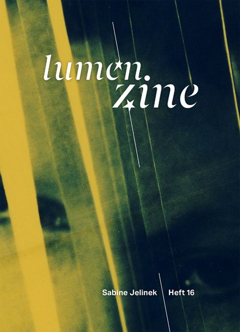 Abstract graphic with yellow-green vertical lines and the text 'lumen.zine' and 'Sabine Jelinek Issue 16'