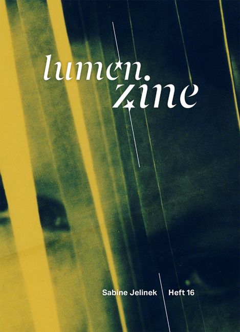 Abstract graphic with yellow-green vertical lines and the text 'lumen.zine' and 'Sabine Jelinek Issue 16'