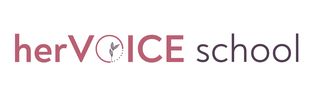 Text "herVOICE school" with a stylized bird inside the letter "O".