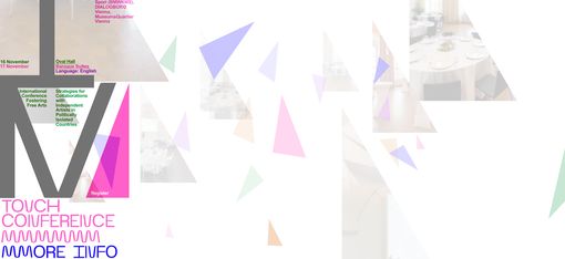 Graphic design with colorful transparent triangles and text fragments about a conference in Vienna