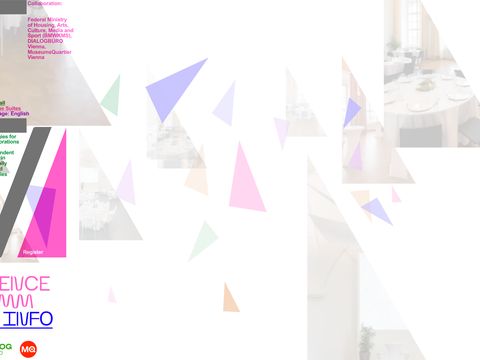 Graphic design with colorful transparent triangles and text fragments about a conference in Vienna