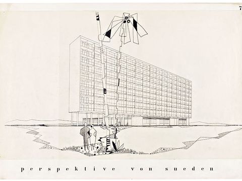 Bleistiftzeichnung mit einer Plame im Vordergrund.
Ein längliches Gebäude mit dem Schriftzug: Perspektive von Süden.