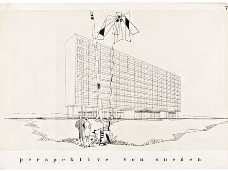 Pencil drawing with a flame in the foreground.
An elongated building with the inscription: View from the south.