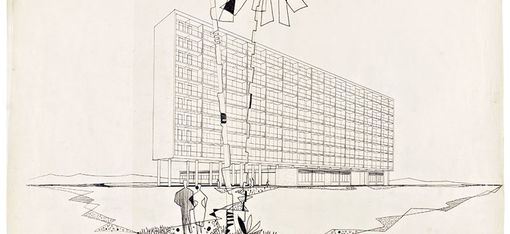 Bleistiftzeichnung mit einer Plame im Vordergrund.
Ein längliches Gebäude mit dem Schriftzug: Perspektive von Süden.