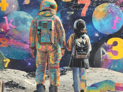 The drawn picture shows an astronaut and a child in everyday clothing standing on a planet. They are looking into space at other worlds, signs, and numbers.