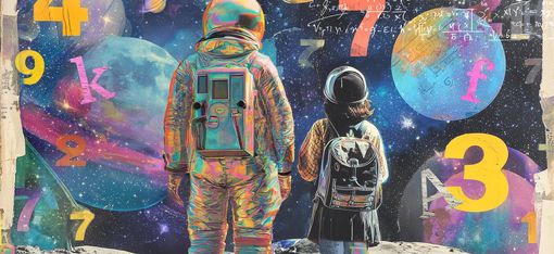 The drawn picture shows an astronaut and a child in everyday clothing standing on a planet. They are looking into space at other worlds, signs, and numbers.