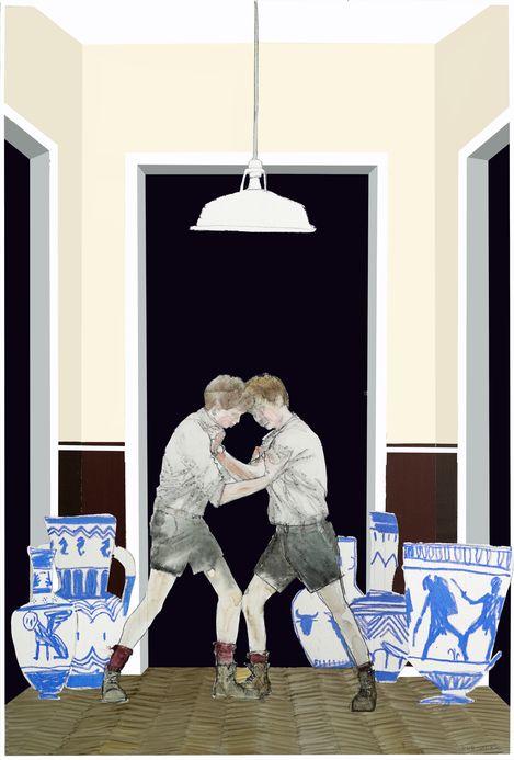 Two boys in shorts wrestling in a room with ancient vases on the floor and a hanging lamp on the ceiling.