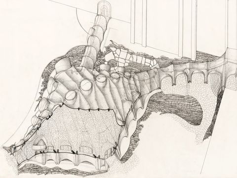 On a sheet of yellowed paper, there is a pencil drawing of a hall-like building.