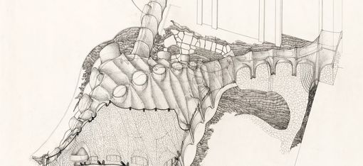 On a sheet of yellowed paper, there is a pencil drawing of a hall-like building.