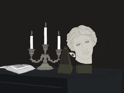 A dark, surreal still-life scene featuring a candelabra, an open book, a metronome, and a classical sculpted head with a stylized eye.