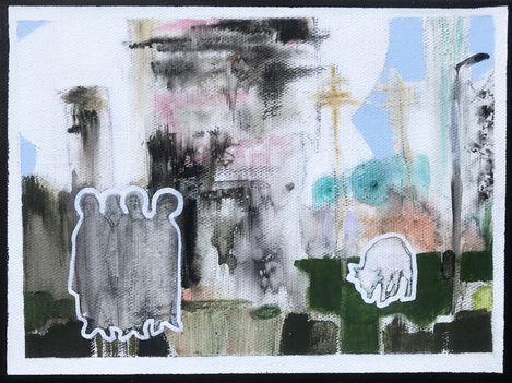 Abstract painting with blurred shapes including a group of ghostly figures on the left and a single figure on the right surrounded by colored and black areas.