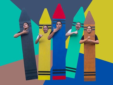 Five people are depicted as coloured pencils.