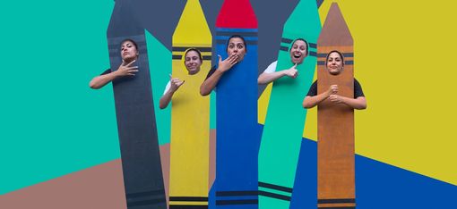 Five people are depicted as coloured pencils.