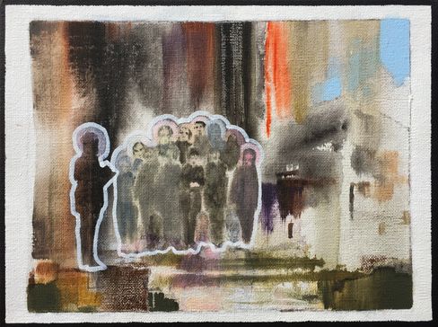 Painting showing a group of indistinct figures outlined in white against an abstract, multicolored background.